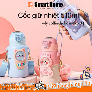 Bình nước giữ nhiệt 820ML họa tiết cute, cốc giữ nhiệt cao cấp có dây đeo tặng kèm sticker 2D,3D