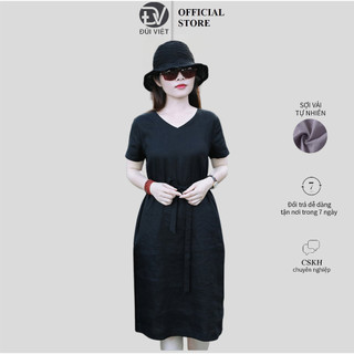 {Hàng Sẵn} Đầm suông nữ Đũi Việt cổ tim ngắn tay, kèm dây thắt dây eo 2 túi sườn DV196