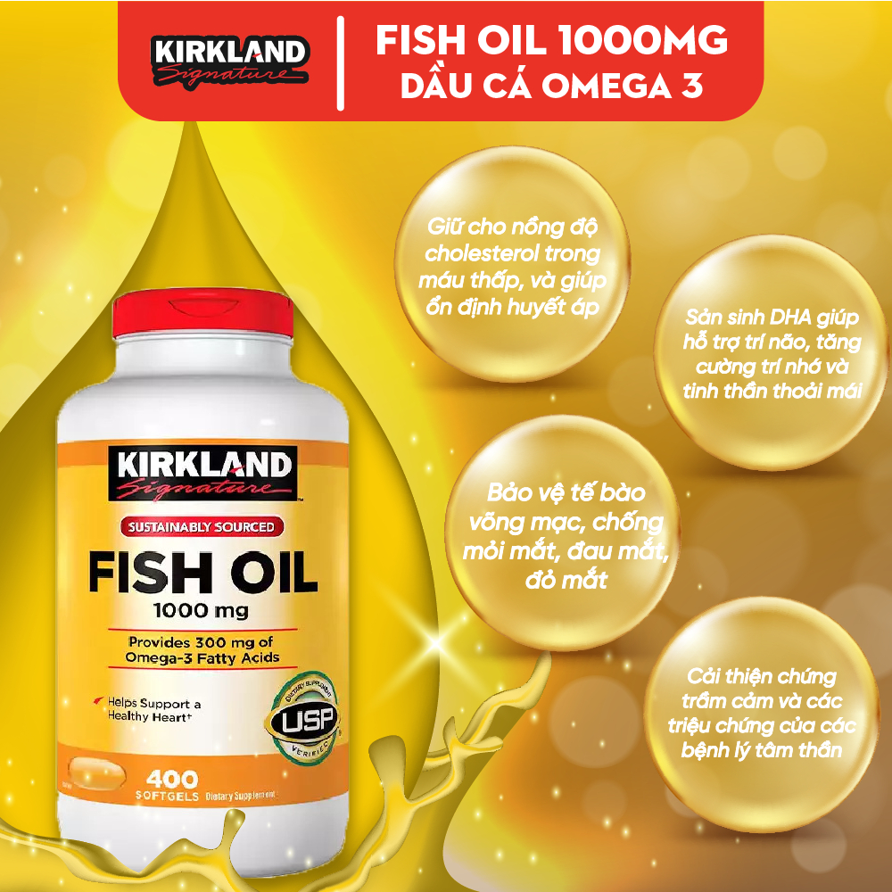 Dầu cá Fish oil 1000mg 400 viên của Mỹ Kirkland Signature giúp bảo vệ mắt, hỗ trợ tim mạch, làm đẹp da, giữ ẩm tự nhiên