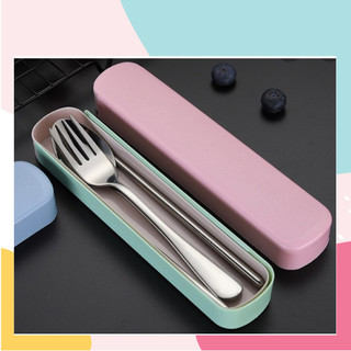 Sét 3 món thìa đũa dĩa kèm hộp đựng để hộp cơm mang đi,sét bộ thìa đũa 3 món inox 304