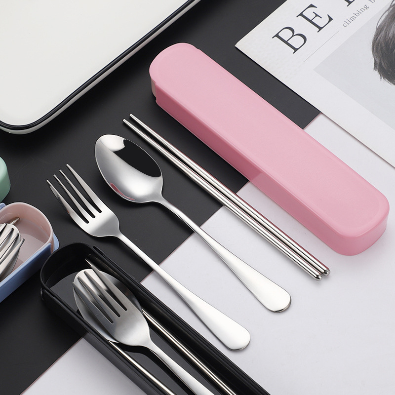 Sét 3 món thìa đũa dĩa kèm hộp đựng để hộp cơm mang đi,sét bộ thìa đũa 3 món inox 304