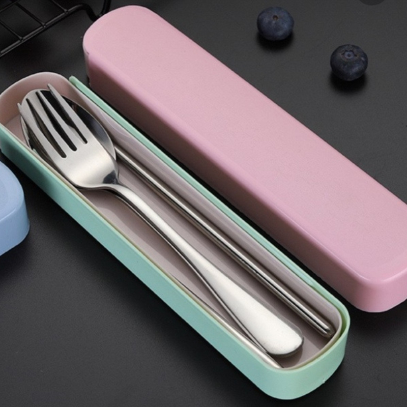 Sét 3 món thìa đũa dĩa kèm hộp đựng để hộp cơm mang đi,sét bộ thìa đũa 3 món inox 304