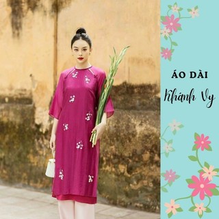 Áo dài cách tân cổ tết đính nơ dáng suông thêu hoa nhí màu hồng sen