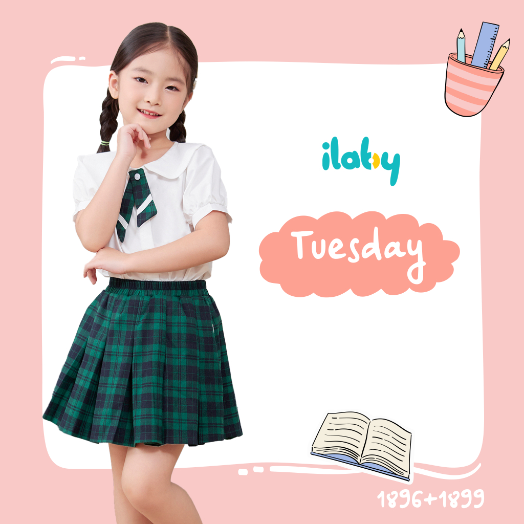 Chân váy kẻ đi học bé gái ILABY xếp ly chất liệu thô kẻ kèm lót quần cho bé 10-35kg 3 màu xanh - đỏ - đen