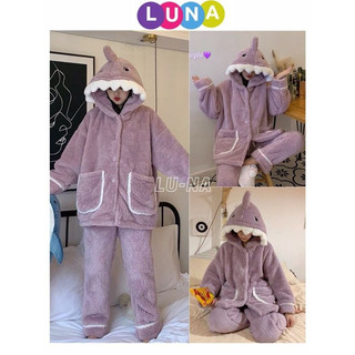 Bộ ngủ lông mùa đông cá mập tím mũ trùm đầu răng cưa kute dễ thương, Đồ bộ lông mùa đông
