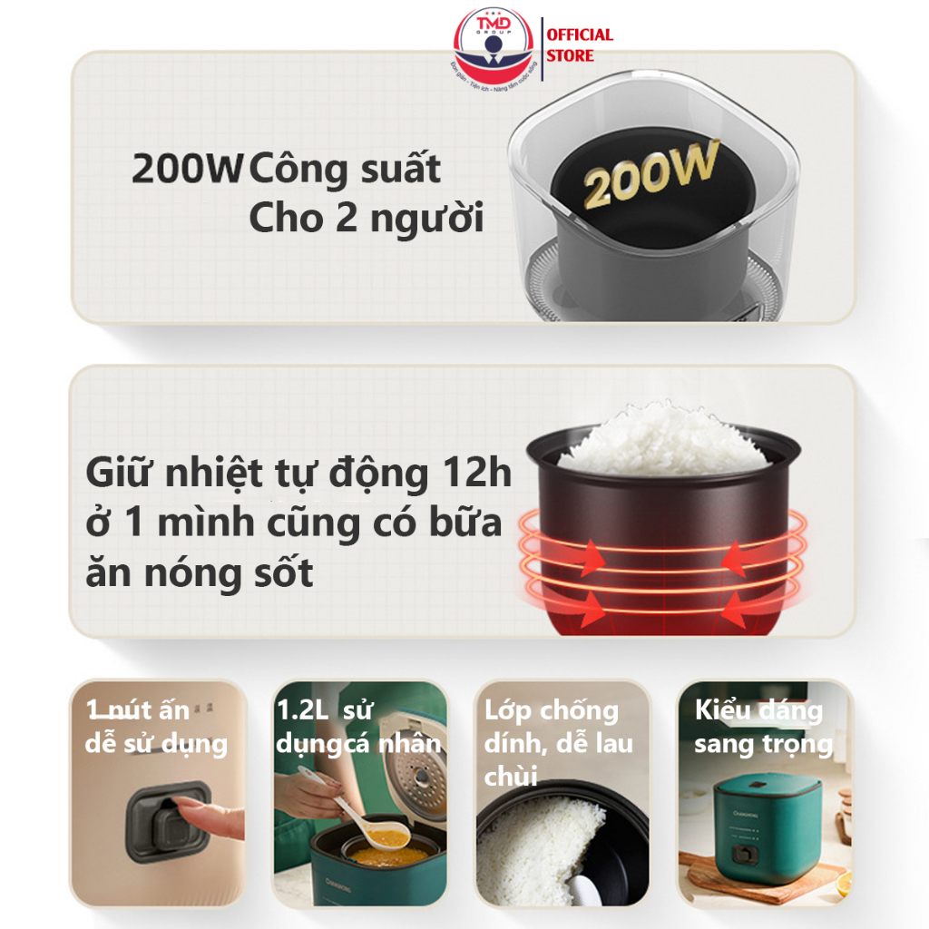 Nồi cơm điện chống dính công suất 200w TMD GROUP 2 người ăn, dung tích 1.2 lít, giữ ấm trong 12h