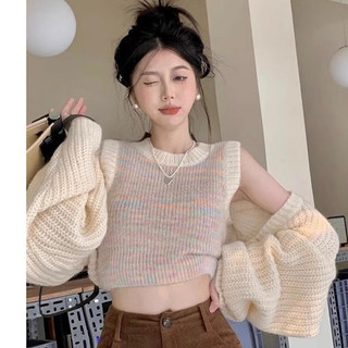 (SẴN HÀNG)Sét len cardigan 2 móN dệt kim dày dặn áo sát nách bảy sắc cầu vồng,set áo len croptop dáng ngắn cute