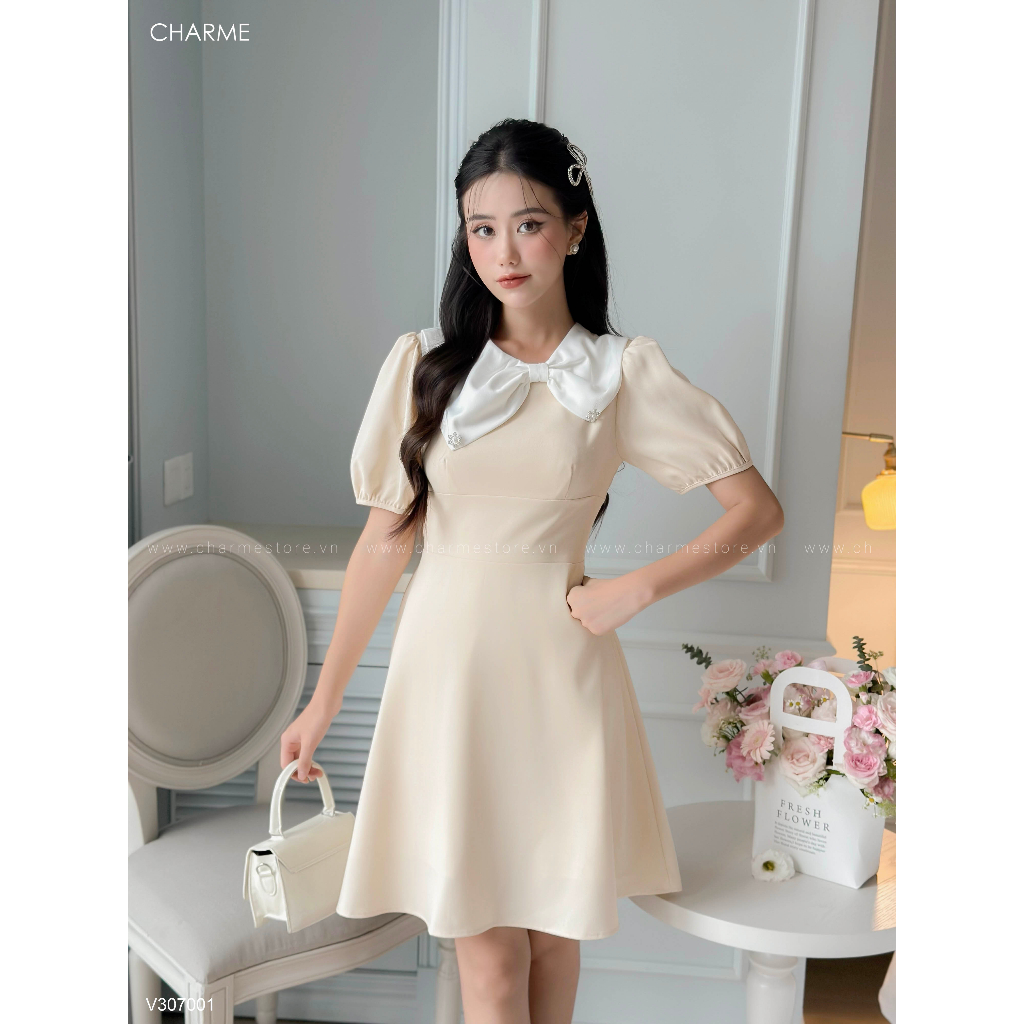 Váy thiết kế phối cổ nơ lệch Charme 307001