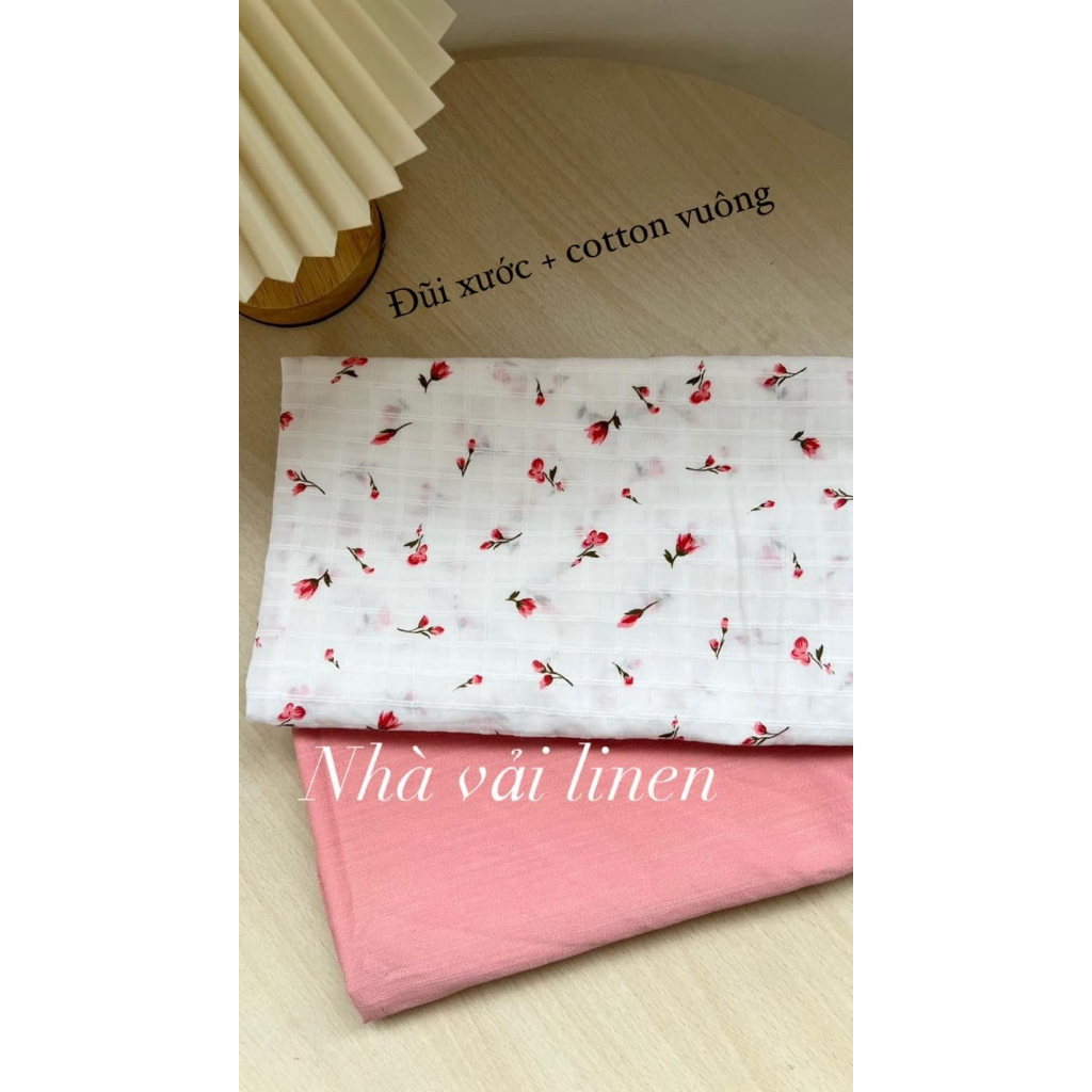 Vải Cotton Kẻ Ô Hoa Hồng - Đũi Xước Cam Đào Nhà Vải Linen