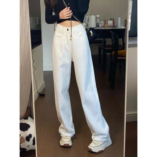 Quần jeans trắng ống suông cạp cao hack dáng