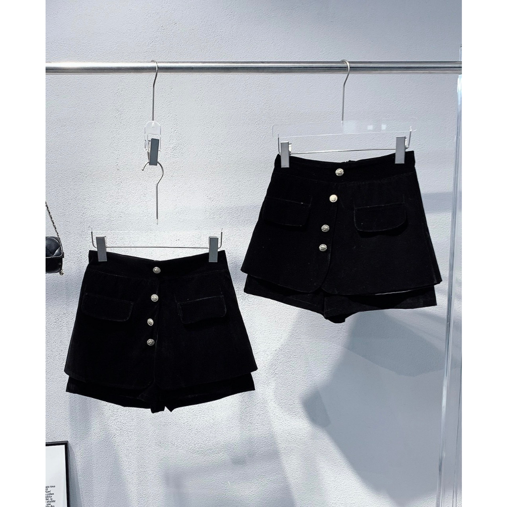 Quần váy Nhung 2 lớp cạp cao có khuy vàng