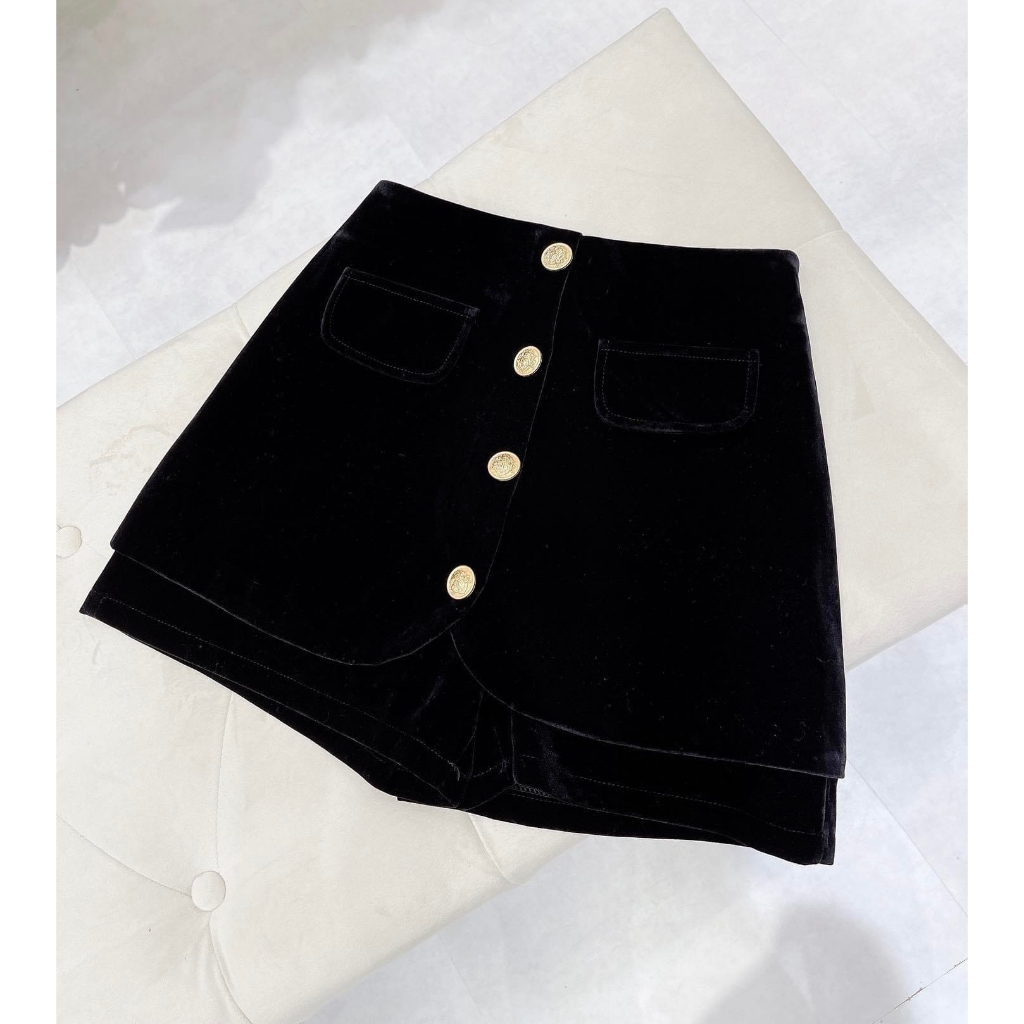 Quần váy Nhung 2 lớp cạp cao có khuy vàng