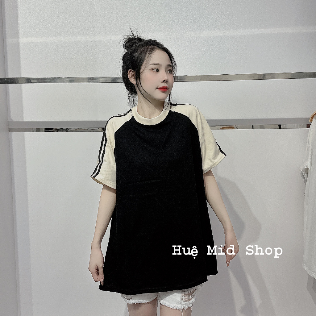Áo phông thân đen tay kem may hai sọc