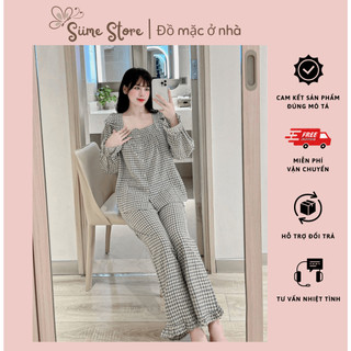  Bộ Đồ Ngủ Nữ Kẻ Ô Cổ Vuông Chất Đũi Pijama Mặc Ở Nhà Tay Dài Quần Dài Tiểu Thư Bánh Bèo 
