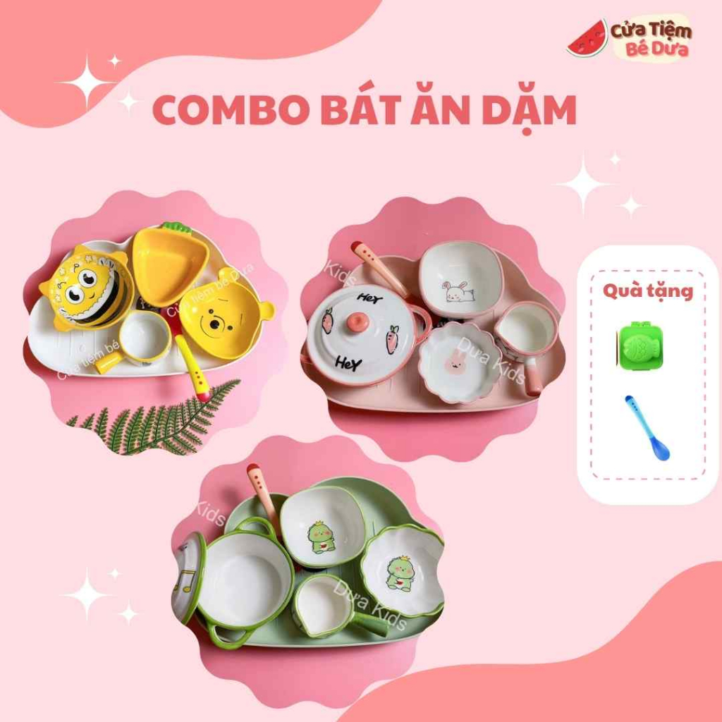 Set Combo Bát Đĩa Sứ Ăn Dặm Kiểu Nhật Hình Hoa Quả, Thú Cao Cấp Chịu Nhiệt An Toàn Cho Bé