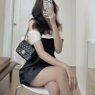Váy đầm nữ thiết kế đi tiệc, đầm tapda trễ vai đính nơ sau lưng dáng chữ A phối màu trắng sang chảnh mtb