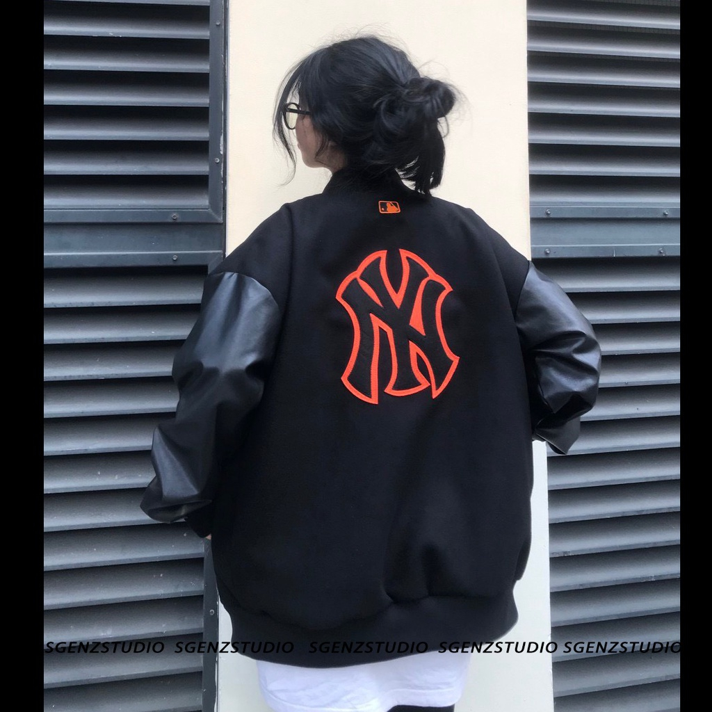 Áo khoác Bomber Varsity M.L.B Ny Thêu Logo Cam form rộng Phối Tay Da, áo khoác nam nữ mặc cực đẹp