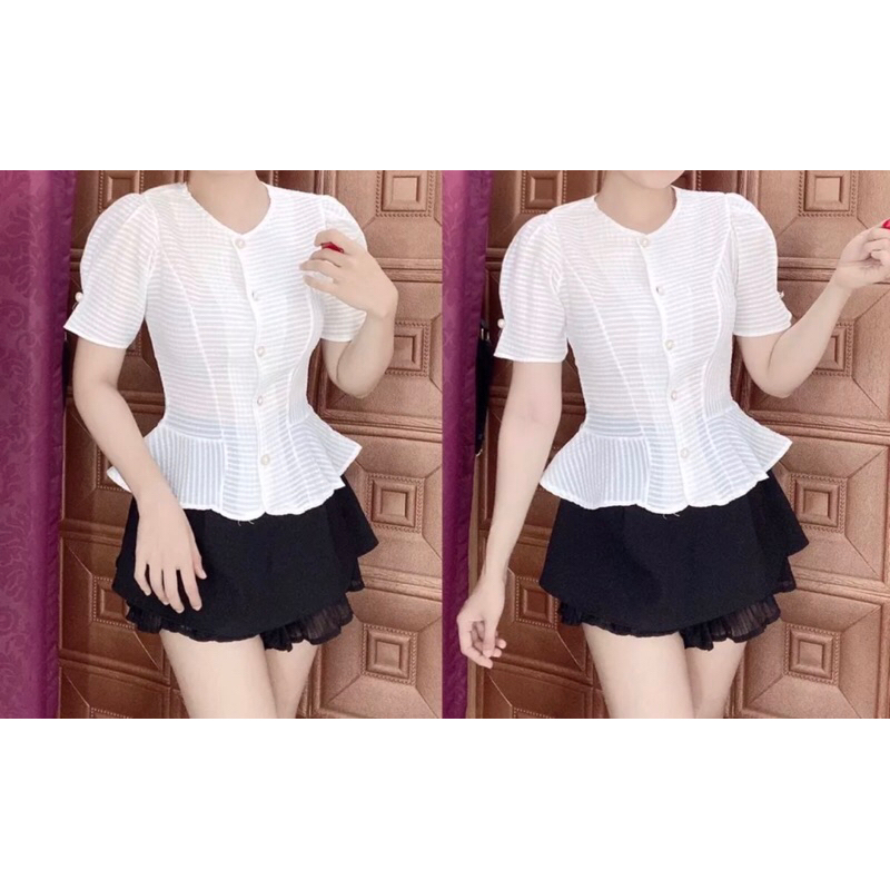 Áo kiểu peplum xòe dưới đính nút bọc