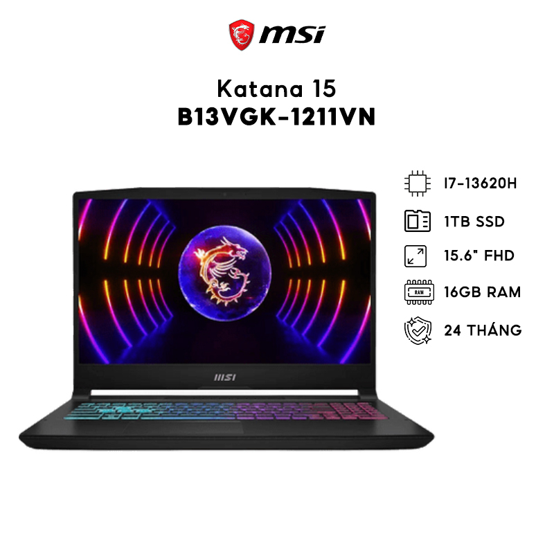 Laptop (Gaming) MSI Katana 15 B13VGK-1211VN, CPU I7-13620H, 1TB, 64GB, RTX 4070 8GB, 15.6" FHD - Ship hỏa tốc