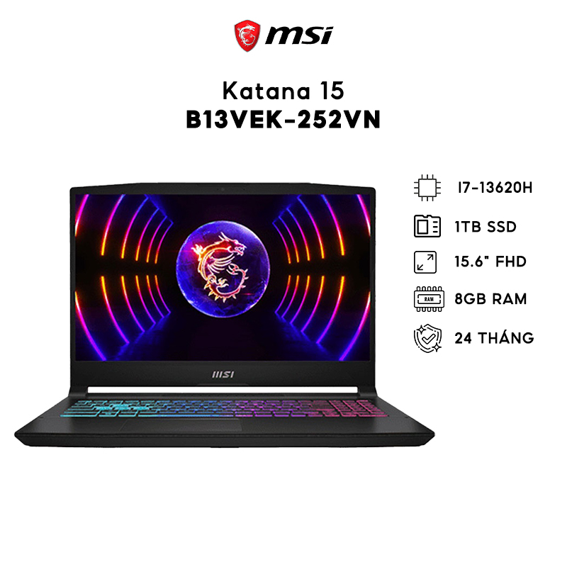 Laptop (Gaming) MSI Katana 15 B13VEK-252VN, I7-13620H, storage 1TB, 8GB, RTX 4050 6GB, 15.6" FHD - Ship hỏa tốc