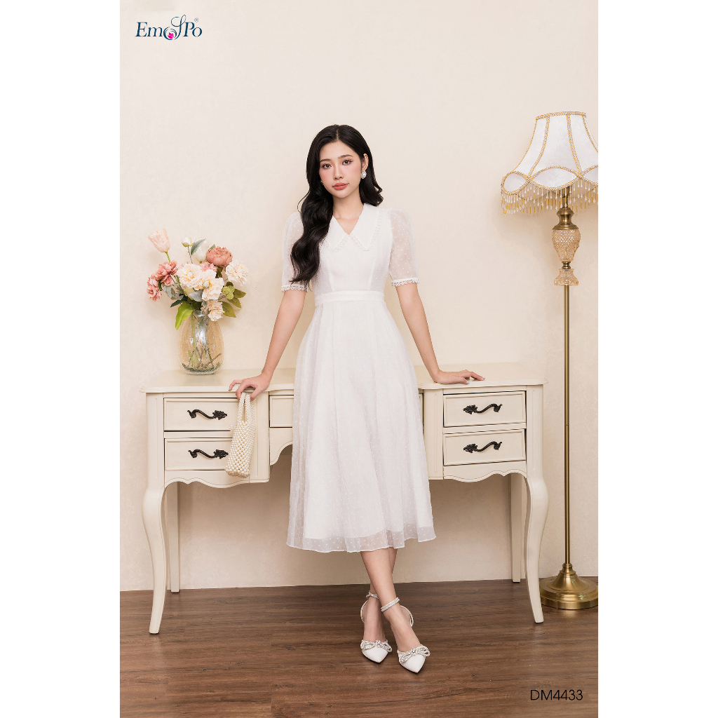 Đầm xòe cổ tim tay bồng vai bo ren EMSPO DM4433