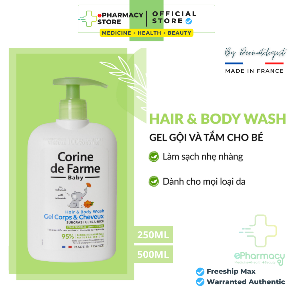 Gel tắm gội cho bé Corine De Farme Hair & Body Wash Gel Corps & Cheveux (Ultra-Rich)