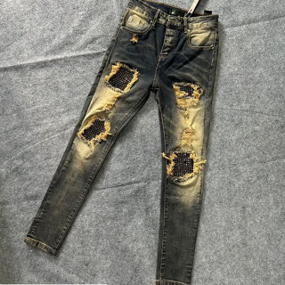 Quần JEAN VLADAK Đính Đá Xanh Rêu Phối Loang Vàng, Quần bò nam đính đá bản rách xước tua vàng xanh mài hot trend 2023