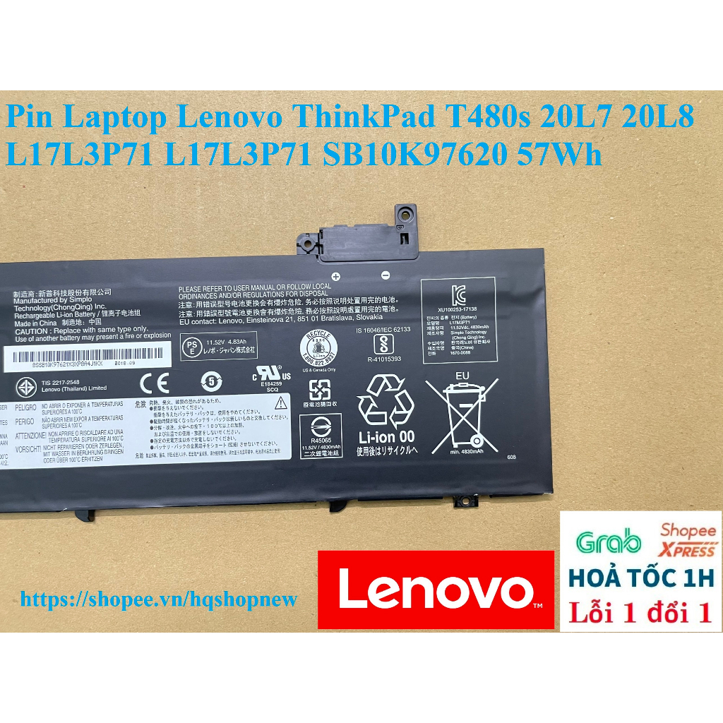 ⚡️ Pin Laptop Lenovo ThinkPad T480s 20L7 20L8 L17L3P71 L17L3P71 SB10K97620 57Wh