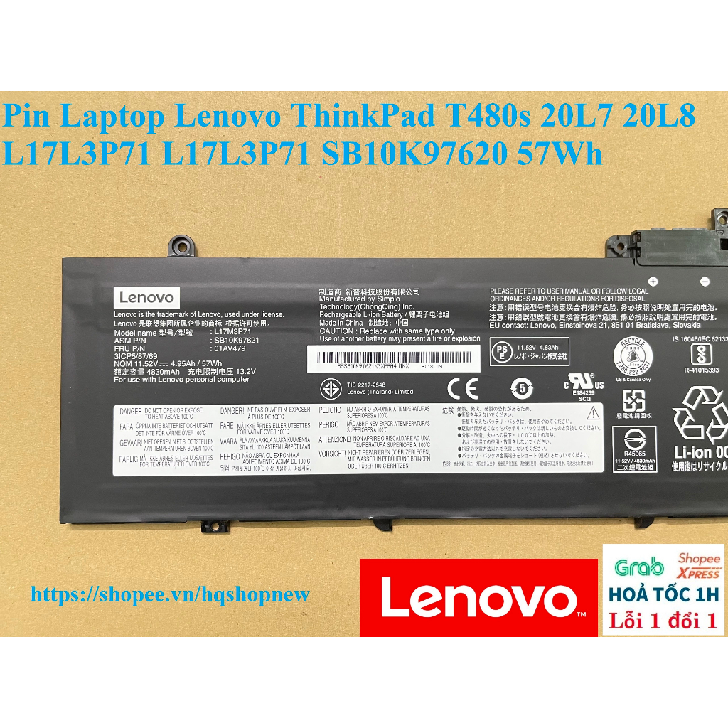 ⚡️ Pin Laptop Lenovo ThinkPad T480s 20L7 20L8 L17L3P71 L17L3P71 SB10K97620 57Wh