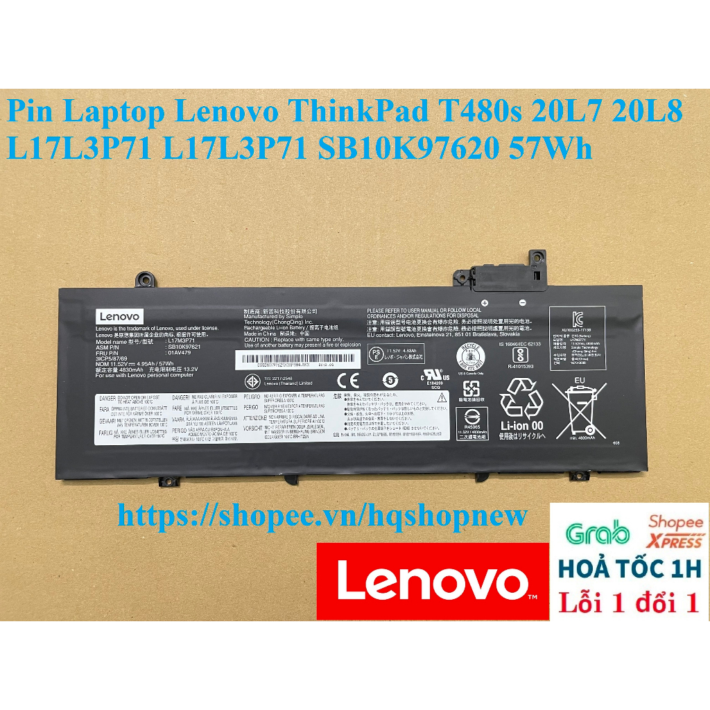 ⚡️ Pin Laptop Lenovo ThinkPad T480s 20L7 20L8 L17L3P71 L17L3P71 SB10K97620 57Wh