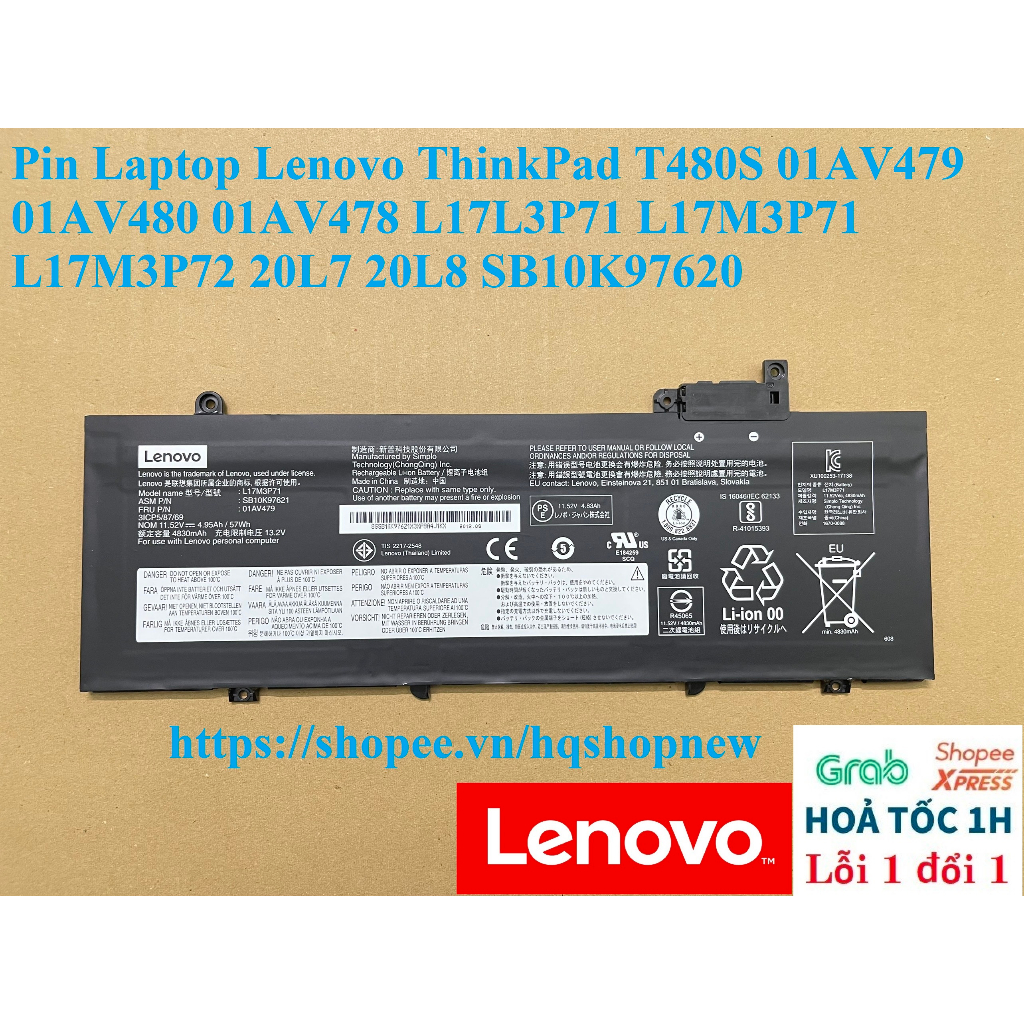 ⚡️ Pin Laptop Lenovo ThinkPad T480S 01AV479 01AV480 01AV478 L17L3P71 L17M3P71 L17M3P72 20L7 20L8 SB10K97620