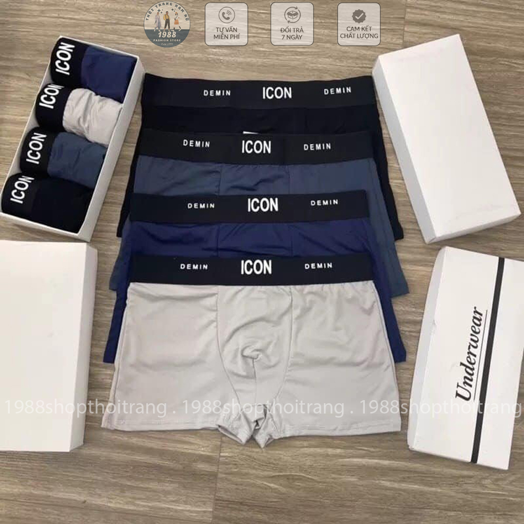 Set 4 Quần Lót Nam Boxer ICON Chất Thun Lạnh Co Dãn 4 Chiều, Quần Sịp Nam ICON Denim Loại 1 AL13