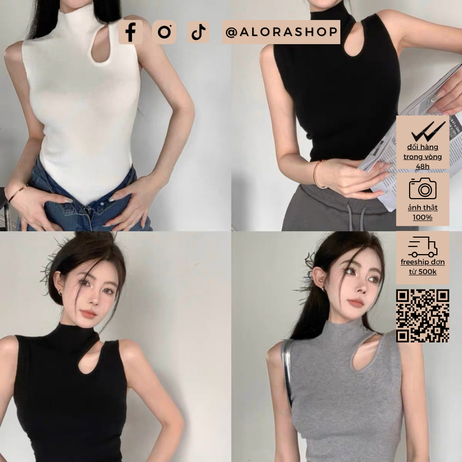Áo len tăm sát nách cổ 3p khoét vai trắng, kem, be, đen thoiqf trang nữ Alora