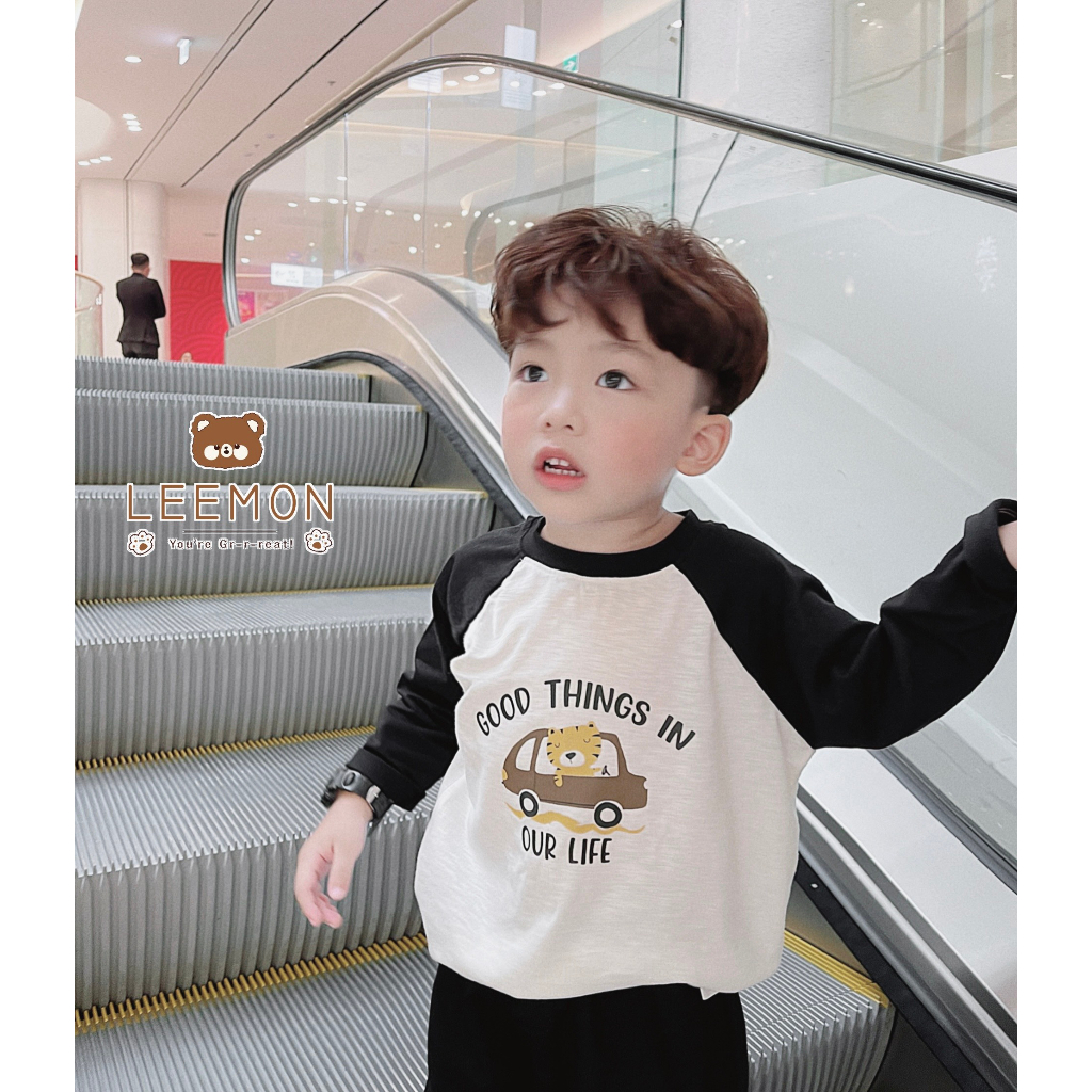 Áo thun  cotton dài tay phối zaclang in hình ô tô Leemon cho bé