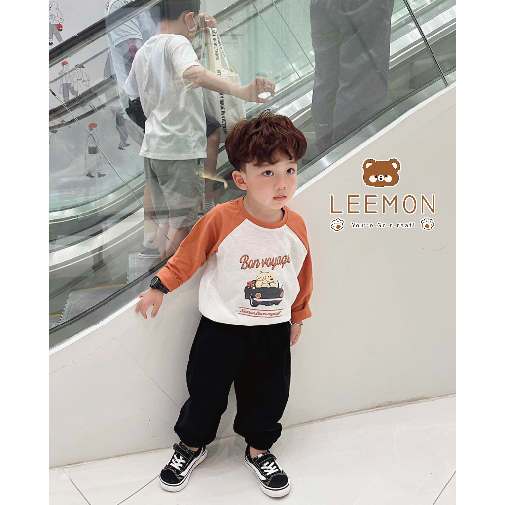 Áo thun  cotton dài tay phối zaclang in hình ô tô Leemon cho bé