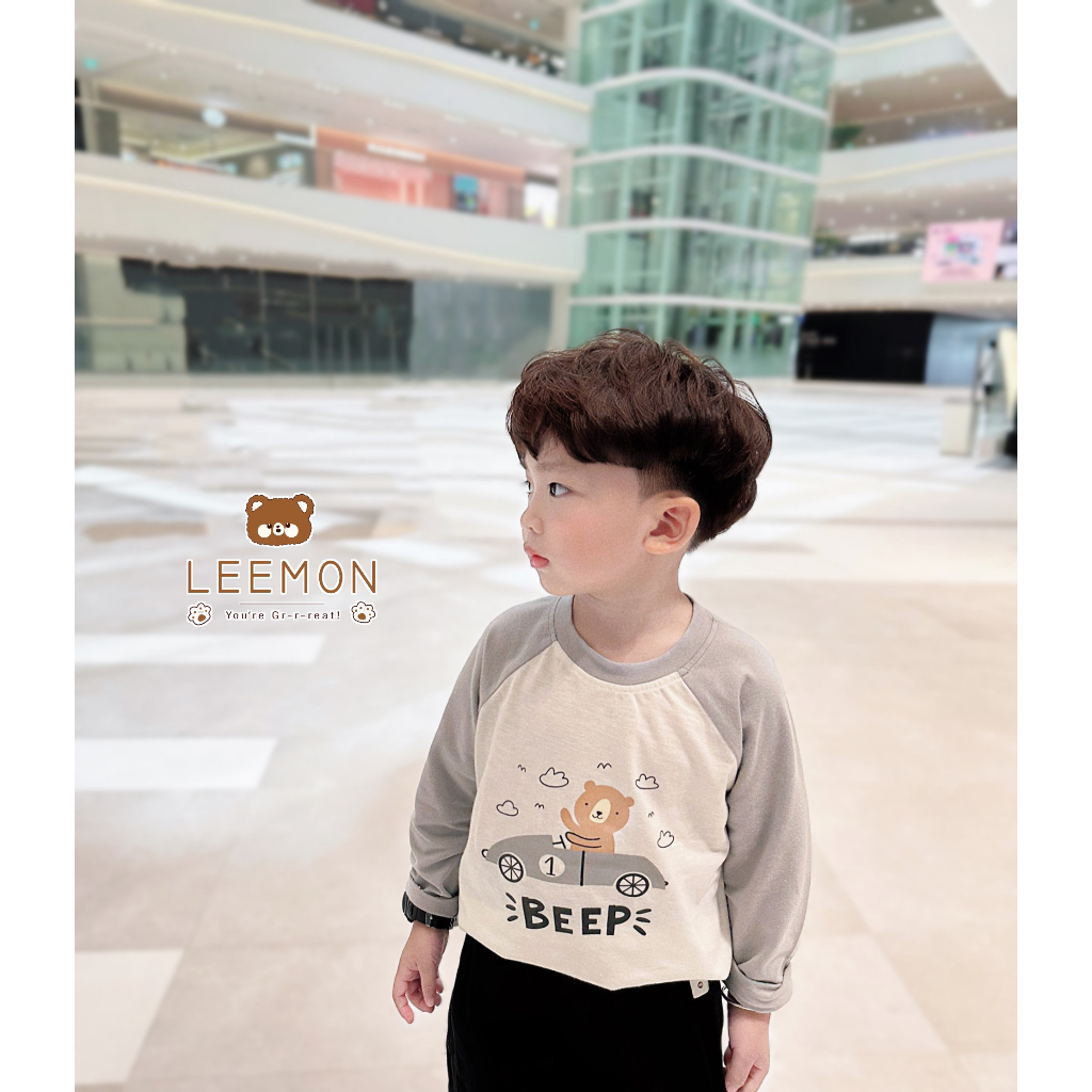 Áo thun  cotton dài tay phối zaclang in hình ô tô Leemon cho bé