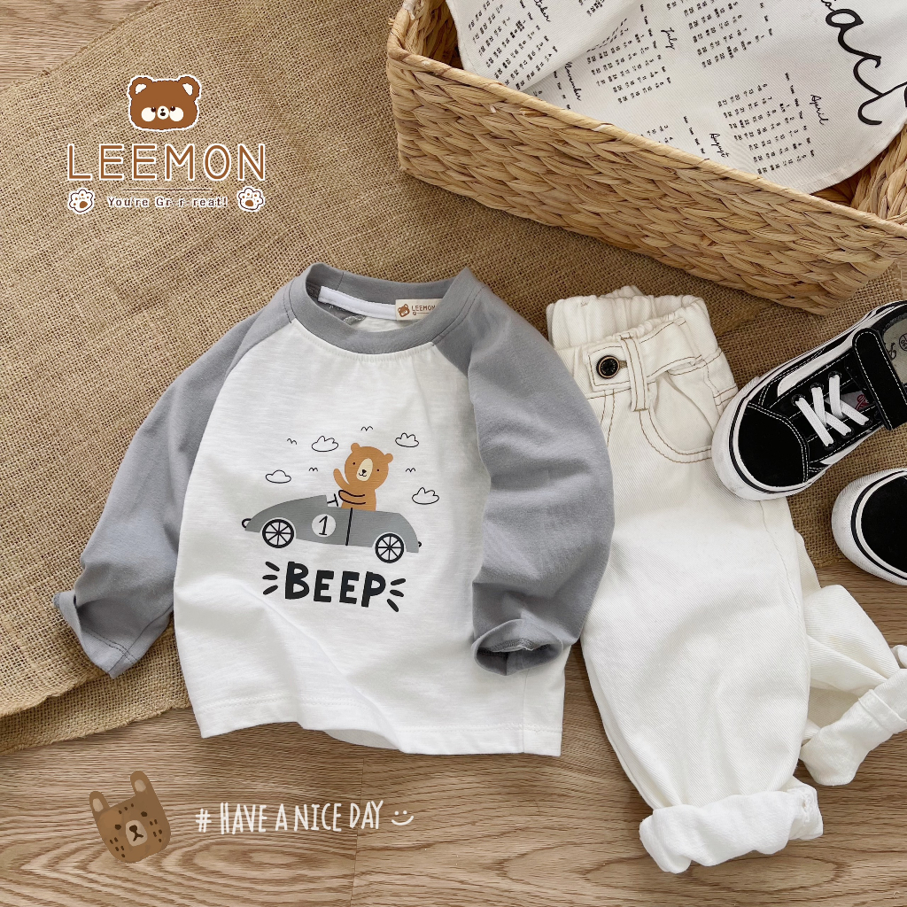 Áo thun  cotton dài tay phối zaclang in hình ô tô Leemon cho bé