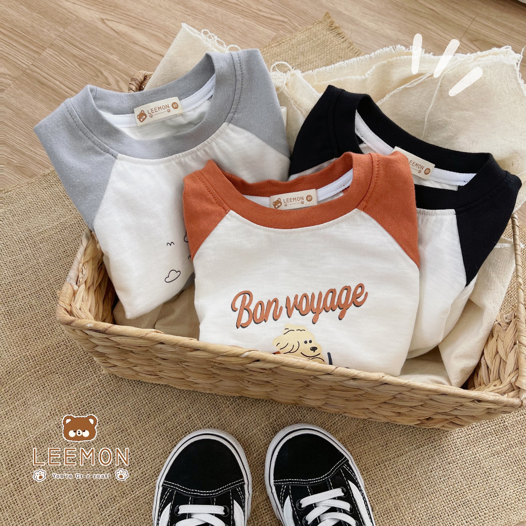 Áo thun  cotton dài tay phối zaclang in hình ô tô Leemon cho bé
