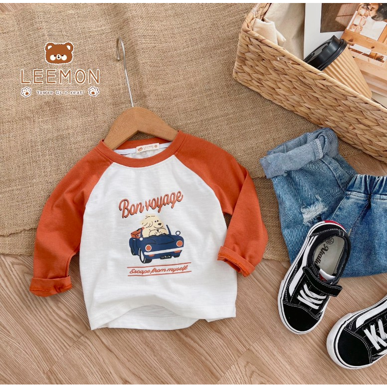 Áo thun  cotton dài tay phối zaclang in hình ô tô Leemon cho bé