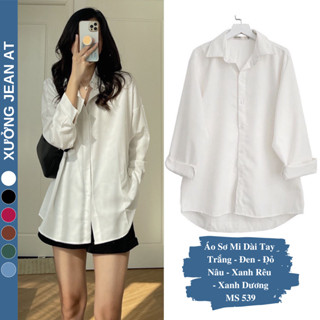 Áo Sơ Mi Nữ Form Rộng Dài Tay Cotton Lụa Hàn Unisex Màu Trắng Đen Đi Học, Đi Làm, Văn Phòng, Công sở Cực Xinh 539