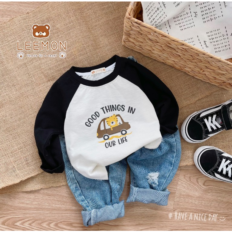 Áo thun  cotton dài tay phối zaclang in hình ô tô Leemon cho bé