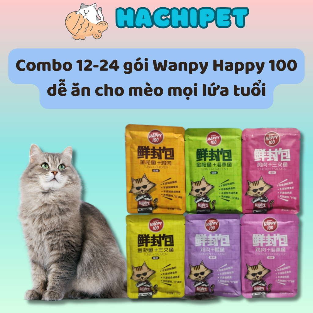 Combo 12-24 gói pate Wanpy Happy 100 70gr dễ ăn cho mèo mọi lứa tuổi
