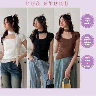 Áo len mỏng cộc tay cổ vuông kèm dây đai cổ Pea Store