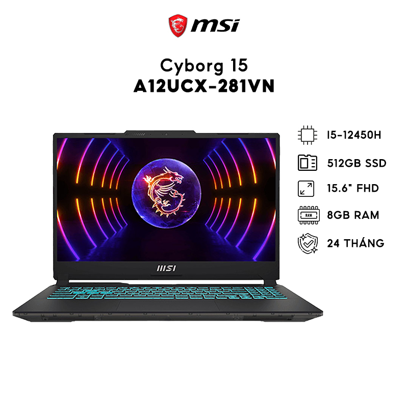 Laptop (Gaming) MSI Cyborg 15 A12UCX-281VN, I5-12450H, 512GB, 8GB, RTX 2050 4GB, 15.6" FHD - Ship hỏa tốc