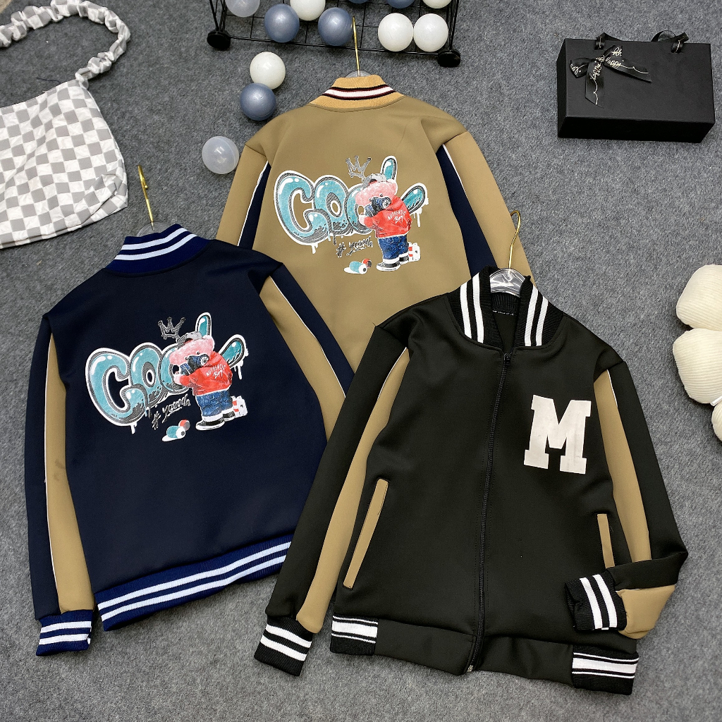 Áo khoác bomber bé trai "B" 18-54kg, Áo khoác bóng chày phong cách Hàn Quốc cho bé 4-15 tuổi.Áo khoác bé trai