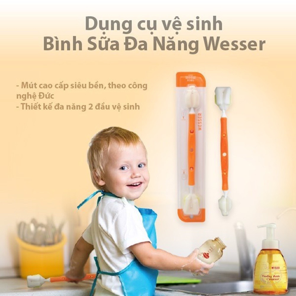 Cọ rửa bình sữa Wesser 2 đầu đa năng, dụng cụ vệ sinh bình sữa, núm ti cao cấp