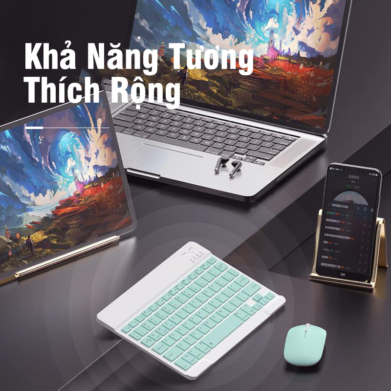 Bàn Phím Bluetooth Không Dây Mini 10 Inch Bàn Phím Kèm Chuột Cho Điện Thoại Ipad Máy Tính Laptop