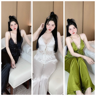 Đồ Bộ Áo Bra Sexy có mút ngực, Quần Dài Chất liệu Lụa Latin mềm Mịn Freesize 40-55kg
