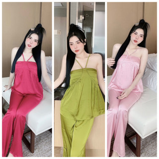Đồ Bộ Áo Yếm Xếp Ly Sexy,Quần Dài Chất Lụa Latin mềm Mịn Free size 40-55kg
