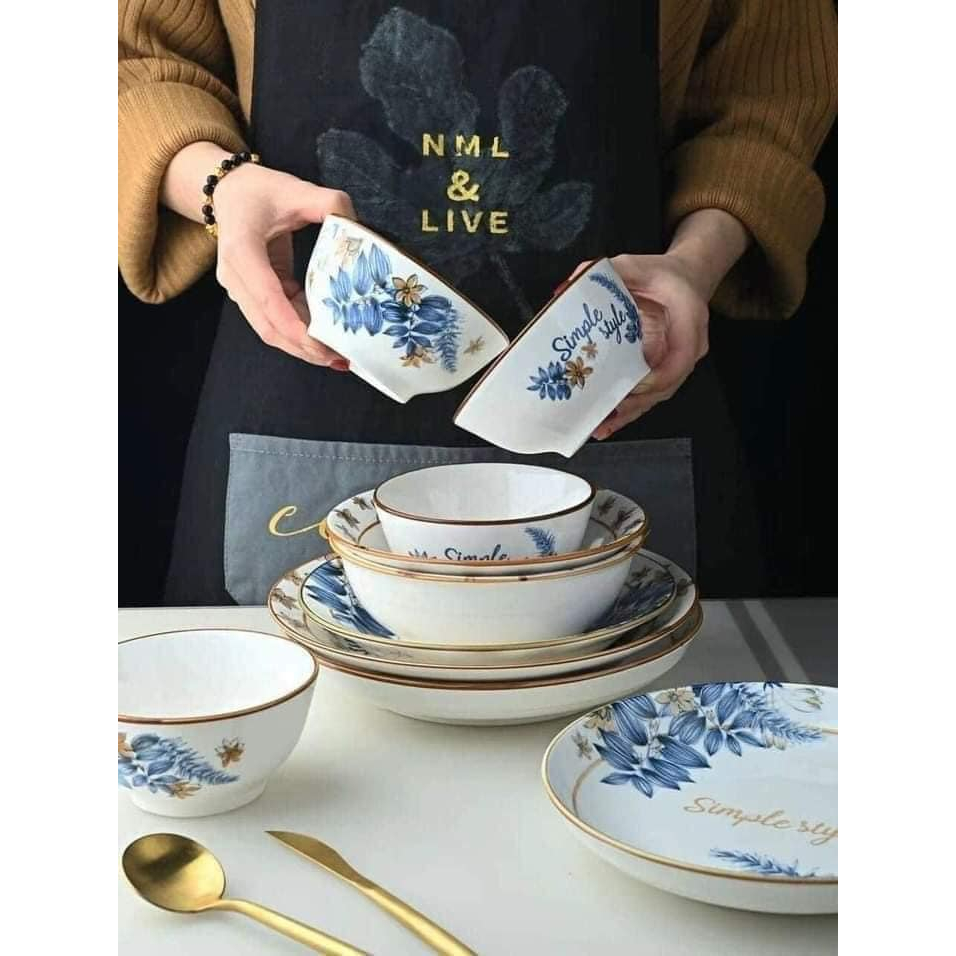 Bộ bát đĩa sứ 10 MÓN Decor MÀU xanh dương CAO CẤP